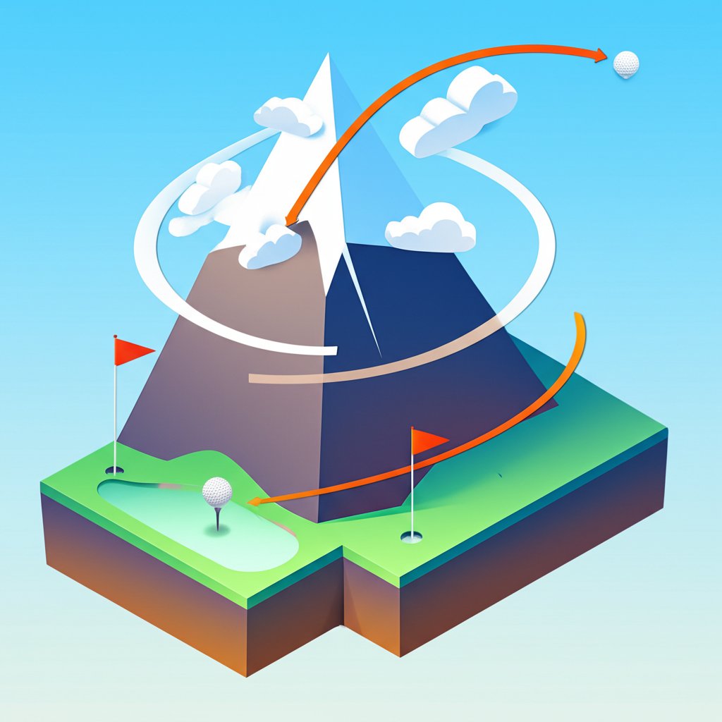 Golfer driving a ball at high altitude, illustrating how thinner air increases golf distance.