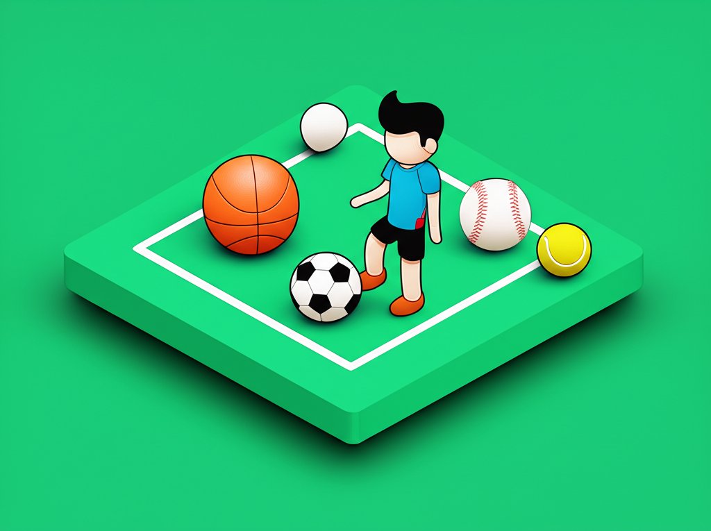 Bob playing with an assortment of sports balls like soccer, basketball, football.