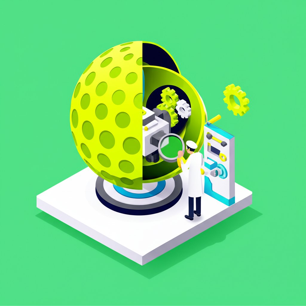 Detailed look at lime green ball construction, explaining dimple design.