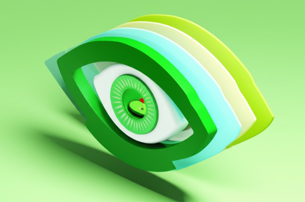 Eyes processing golf course colors: green fairways, blue sky, white ball.