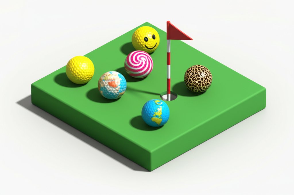Collection of unique novelty golf balls, including funny and themed designs.