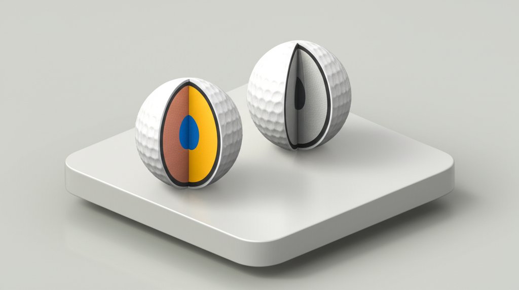 Golf ball construction diagram highlighting core differences and layers.